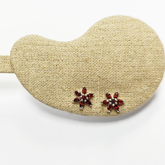 Red Flower Earrings, Sterling Silver Dainty Stud Earrings, Garnet Cubic Zircons, Tiny Floral jewelry, Gift for her