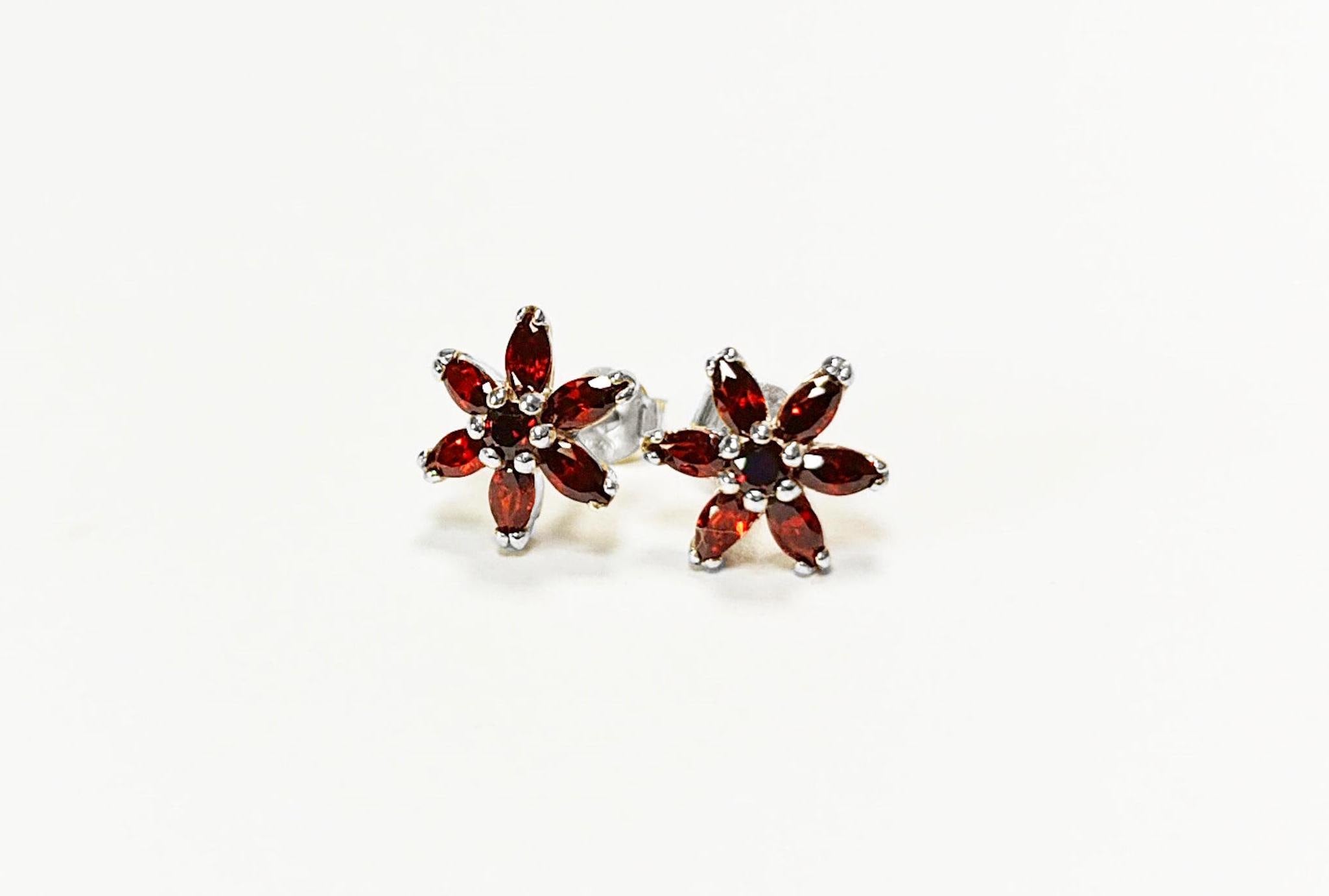 Red Flower Earrings, Sterling Silver Dainty Stud Earrings, Garnet Cubic Zircons, Tiny Floral jewelry, Gift for her