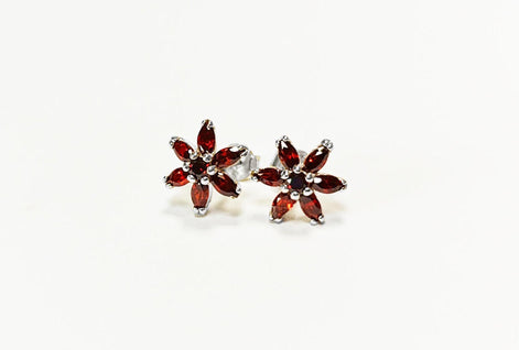 Red Flower Earrings, Sterling Silver Dainty Stud Earrings, Garnet Cubic Zircons, Tiny Floral jewelry, Gift for her