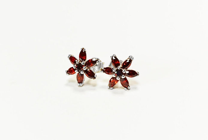 Red Flower Earrings, Sterling Silver Dainty Stud Earrings, Garnet Cubic Zircons, Tiny Floral jewelry, Gift for her