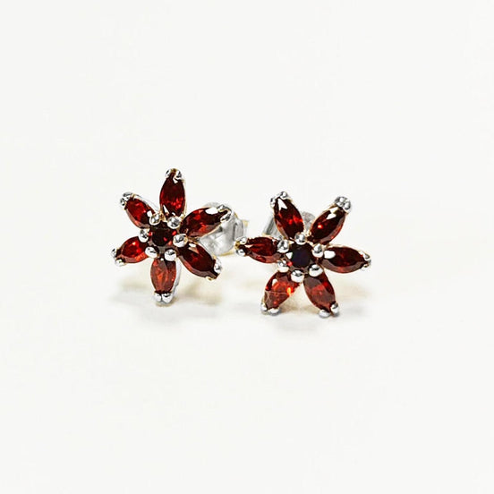 Red Flower Earrings, Sterling Silver Dainty Stud Earrings, Garnet Cubic Zircons, Tiny Floral jewelry, Gift for her