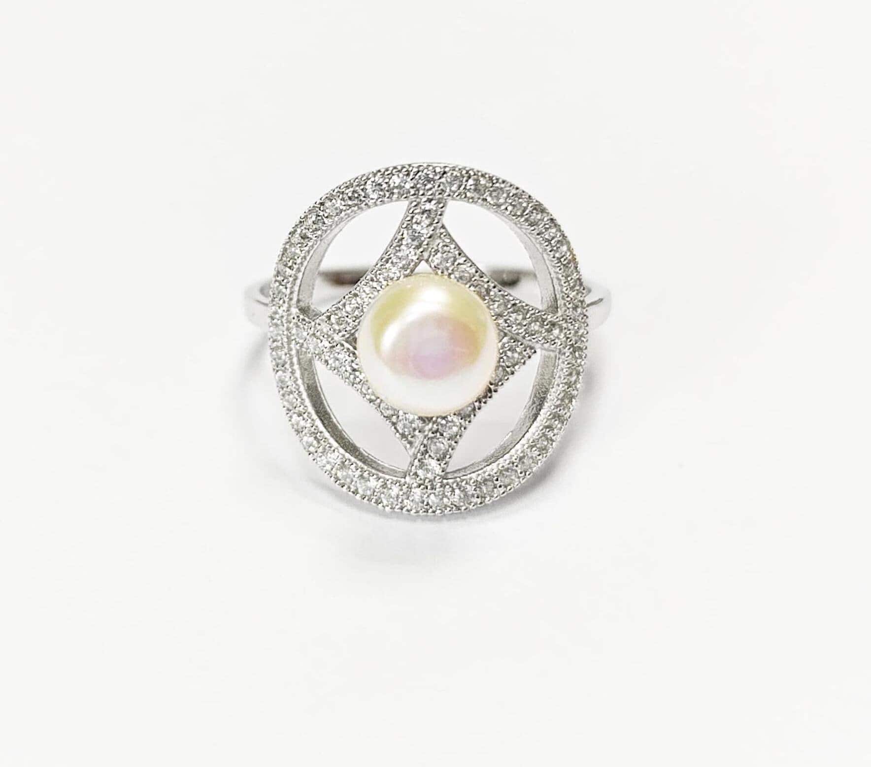 Halo Pearl Ring, Sterling Silver, Round Pearl Jewelry, genuine white shell pearl, star design setting sparkling Cz stones ring, woman gift