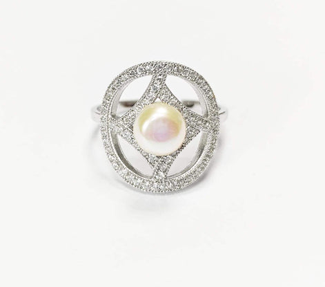 Halo Pearl Ring, Sterling Silver, Round Pearl Jewelry, genuine white shell pearl, star design setting sparkling Cz stones ring, woman gift