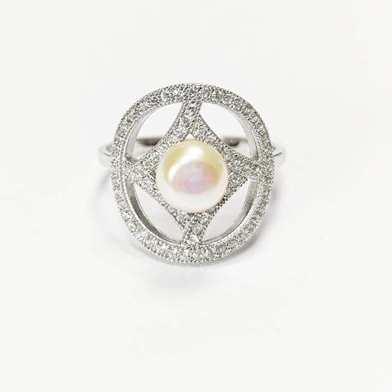Halo Pearl Ring, Sterling Silver, Round Pearl Jewelry, genuine white shell pearl, star design setting sparkling Cz stones ring, woman gift