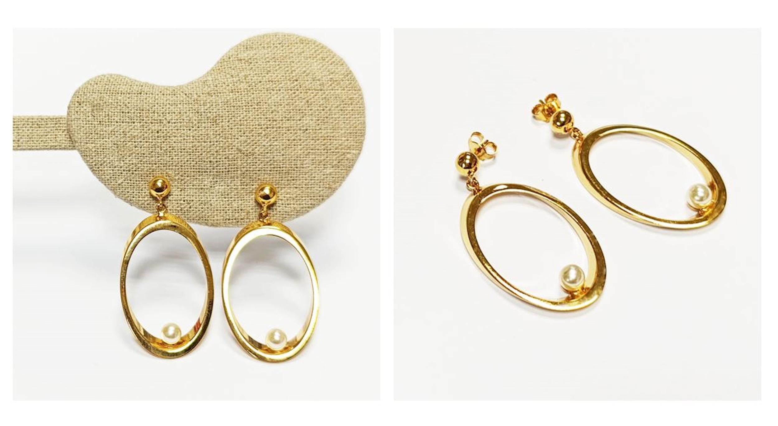 Gold Oval Pearl Drop Earrings• Statement 18K Gold-Plated Modern Jewelry • Floating Shell Pearl Dangle Beveled Hoops • Elegant Gift for Her