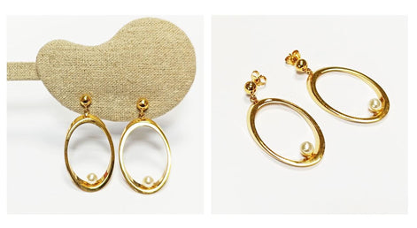 Gold Oval Pearl Drop Earrings• Statement 18K Gold-Plated Modern Jewelry • Floating Shell Pearl Dangle Beveled Hoops • Elegant Gift for Her