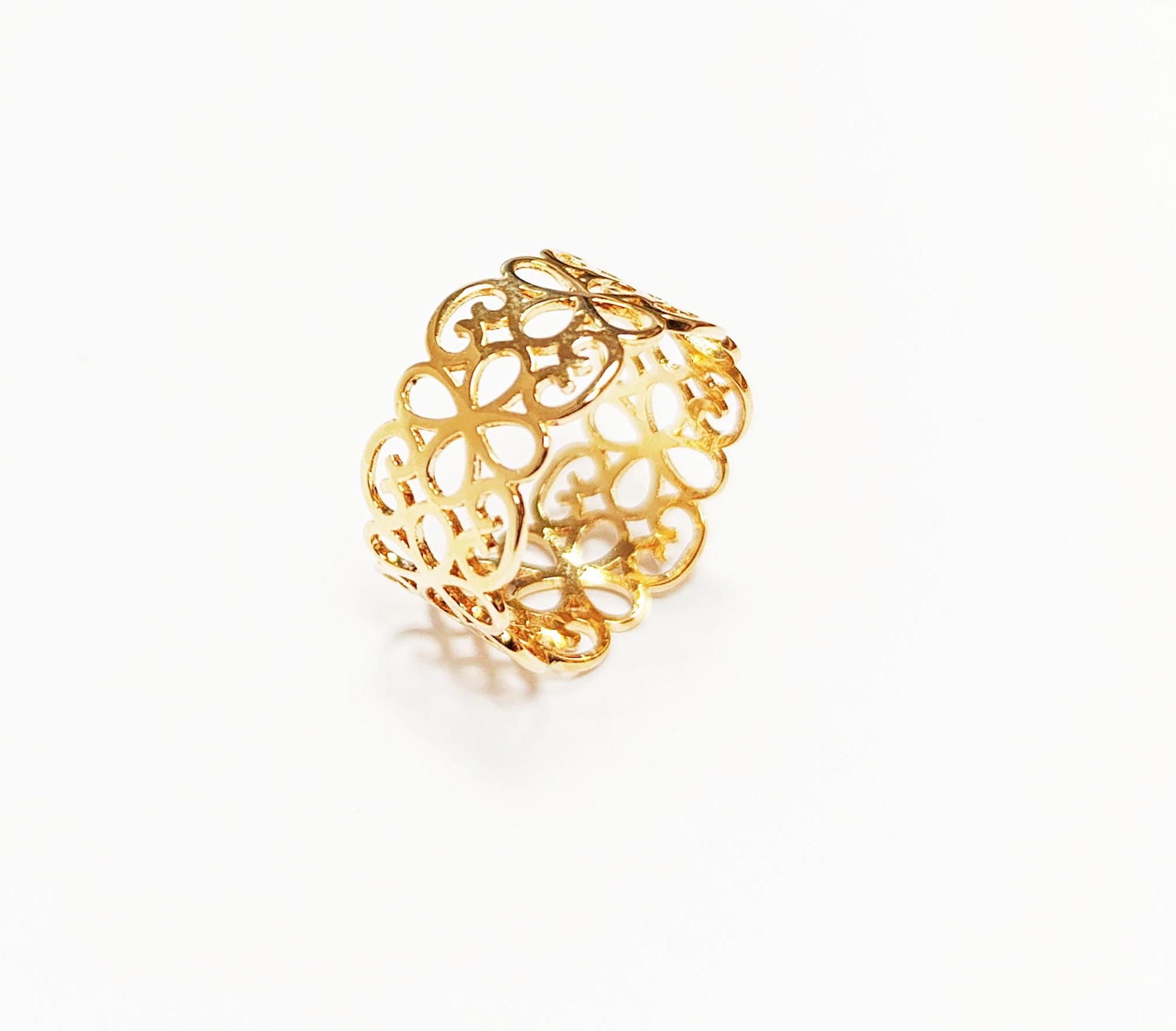 18K Gold Plated Floral Lace Ring • Handmade Filigree Band