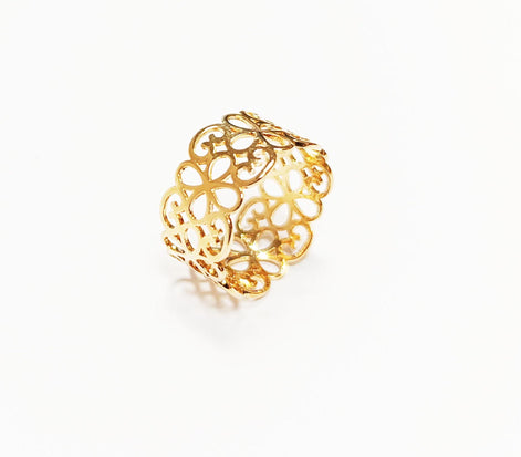 18K Gold Plated Floral Lace Ring • Handmade Filigree Band