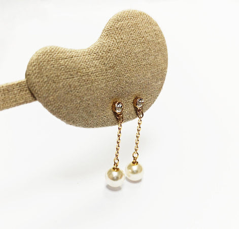 Pearl Drop Earrings • 18K Gold-Plated Chain, Crystal Stud, Shell Pearl, Elegant Wedding & Evening Dangle