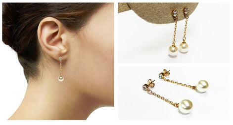 Pearl Drop Earrings • 18K Gold-Plated Chain, Crystal Stud, Shell Pearl, Elegant Wedding & Evening Dangle