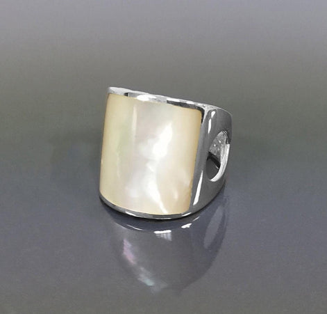 White Square MOP Ring, sterling silver, cuff ring, large armor Ring, modern minimalist wide stone design jewelry, Mother-of-Pearl Shell