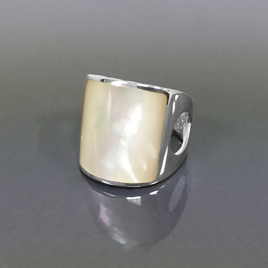 White Square MOP Ring, sterling silver, cuff ring, large armor Ring, modern minimalist wide stone design jewelry, Mother-of-Pearl Shell