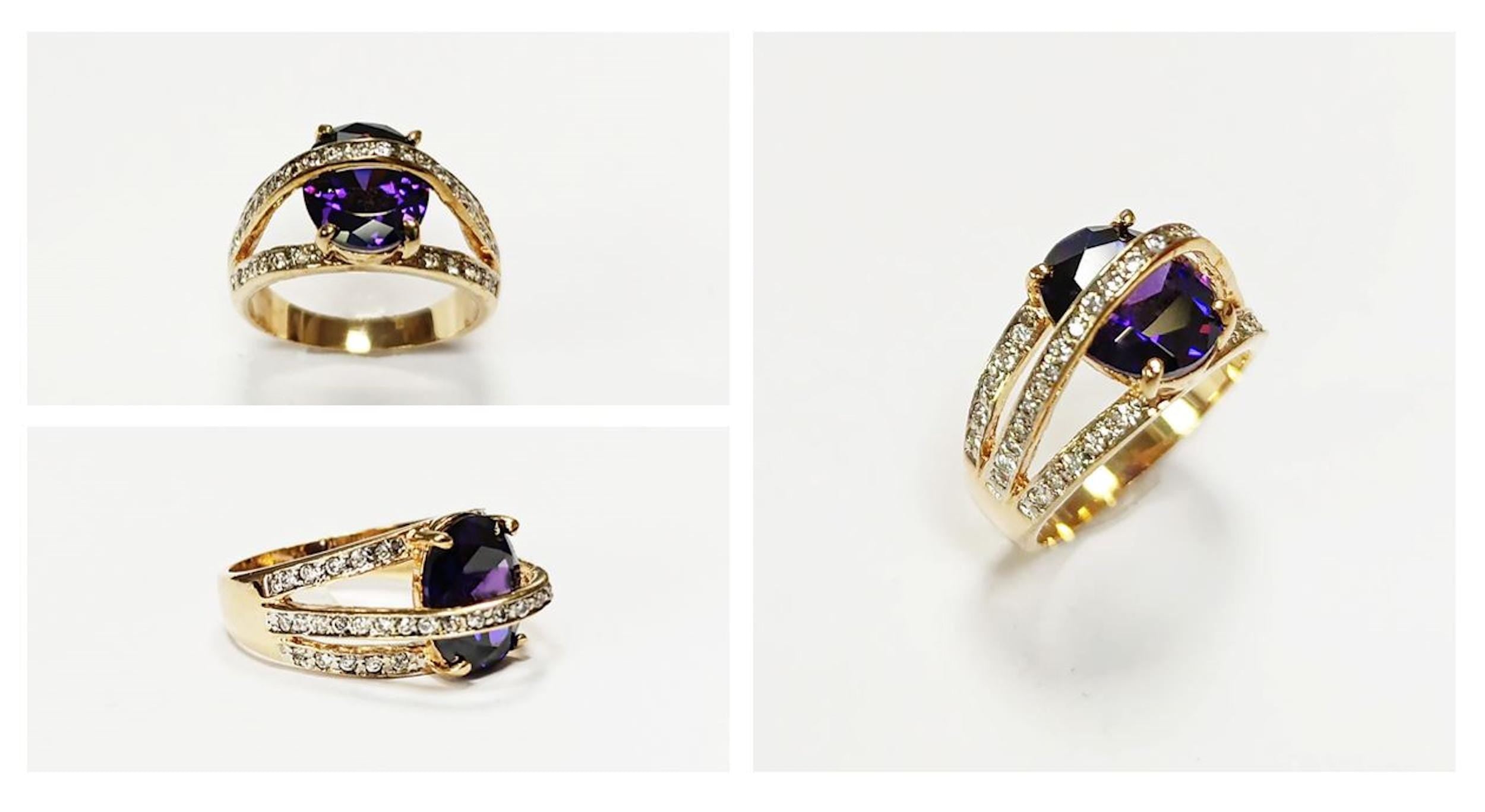 Amethyst Gold Ring, Luxurious Diamond Pave Band, Cocktail Jewelry, Statement Gift
