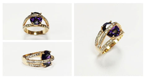 Amethyst Gold Ring, Luxurious Diamond Pave Band, Cocktail Jewelry, Statement Gift