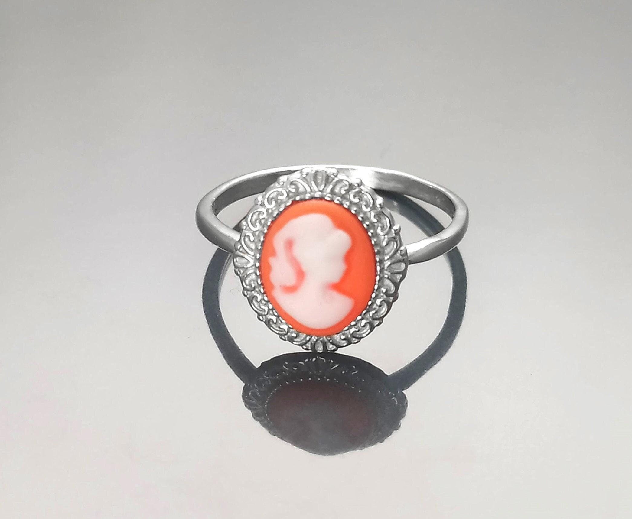 Cameo Ring - Sterling Silver Red and white Resin Stone Cameo - Vintage Victorian Jewelry