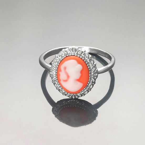 Cameo Ring - Sterling Silver Red and white Resin Stone Cameo - Vintage Victorian Jewelry