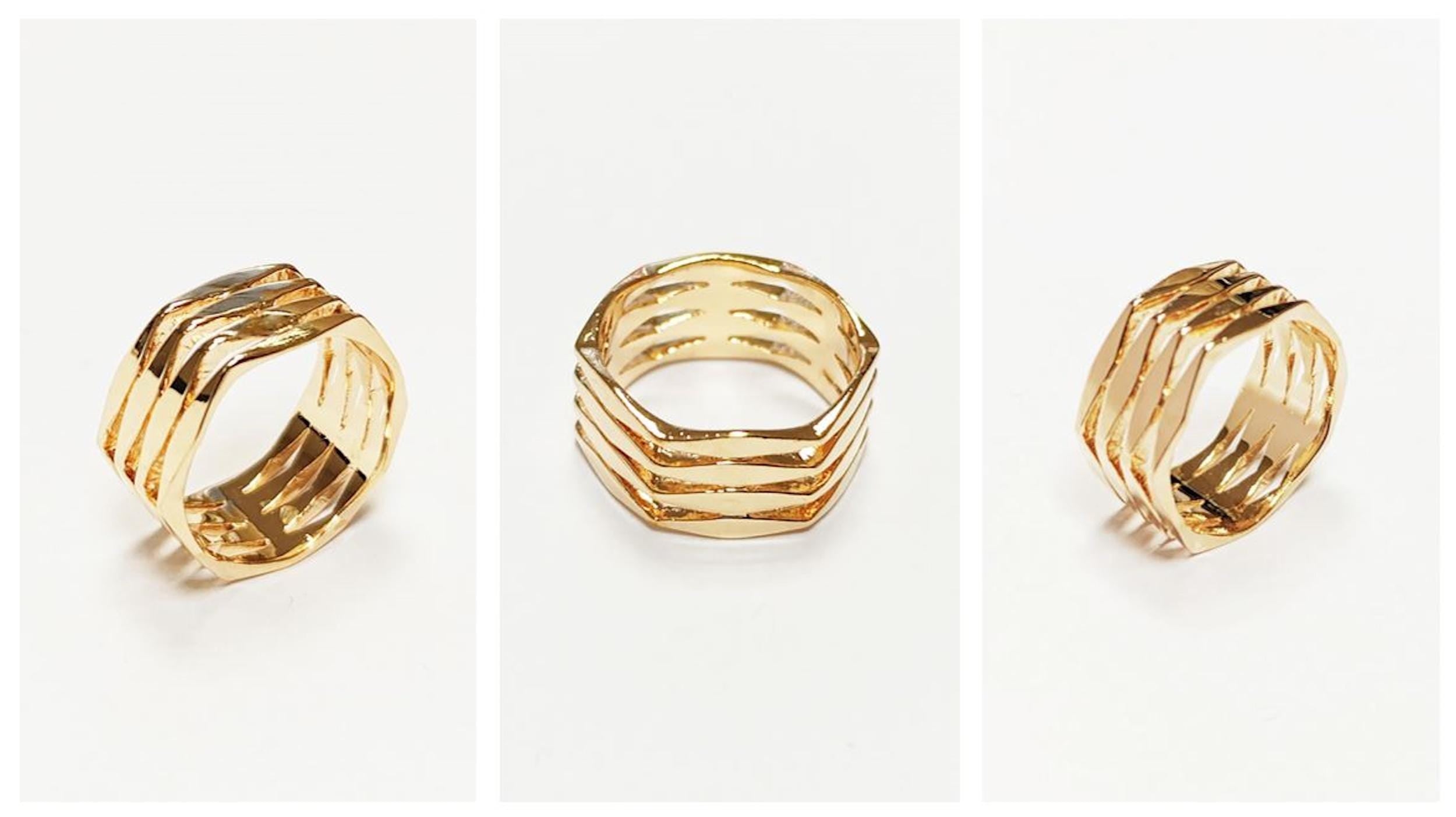 Hexagon Cuff Ring • 18K Gold Plated • Bold Geometric Diamond Faceted Chunky Large Band Ring • Unique Statement Modern Fashion Gift for Women