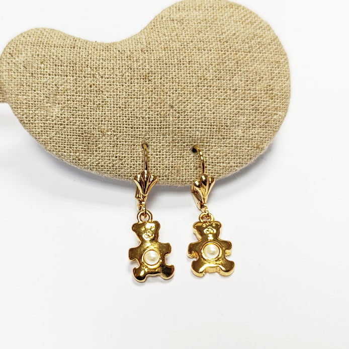 Teddy Bear Earrings by KRAMIKE • Gold-Plated Lever Back with Pearl • Fun and Stylish Jewelry • Unique Gift Idea for Girls or Women • KE034