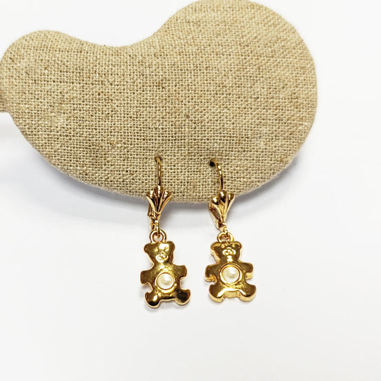 Teddy Bear Earrings by KRAMIKE • Gold-Plated Lever Back with Pearl • Fun and Stylish Jewelry • Unique Gift Idea for Girls or Women • KE034
