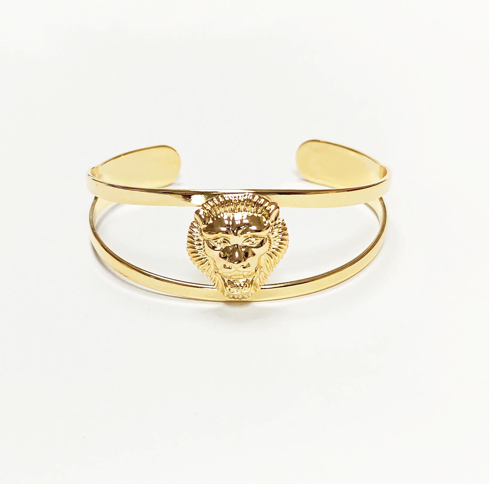 Gold Lion Head Cuff Bracelet • 18K Gold Plated Bangle • Fierce King of the Jungle Powerful Symbol of Power & Strength Jewelry • Women Gift