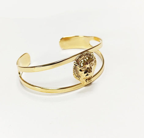 Gold Lion Head Cuff Bracelet • 18K Gold Plated Bangle • Fierce King of the Jungle Powerful Symbol of Power & Strength Jewelry • Women Gift