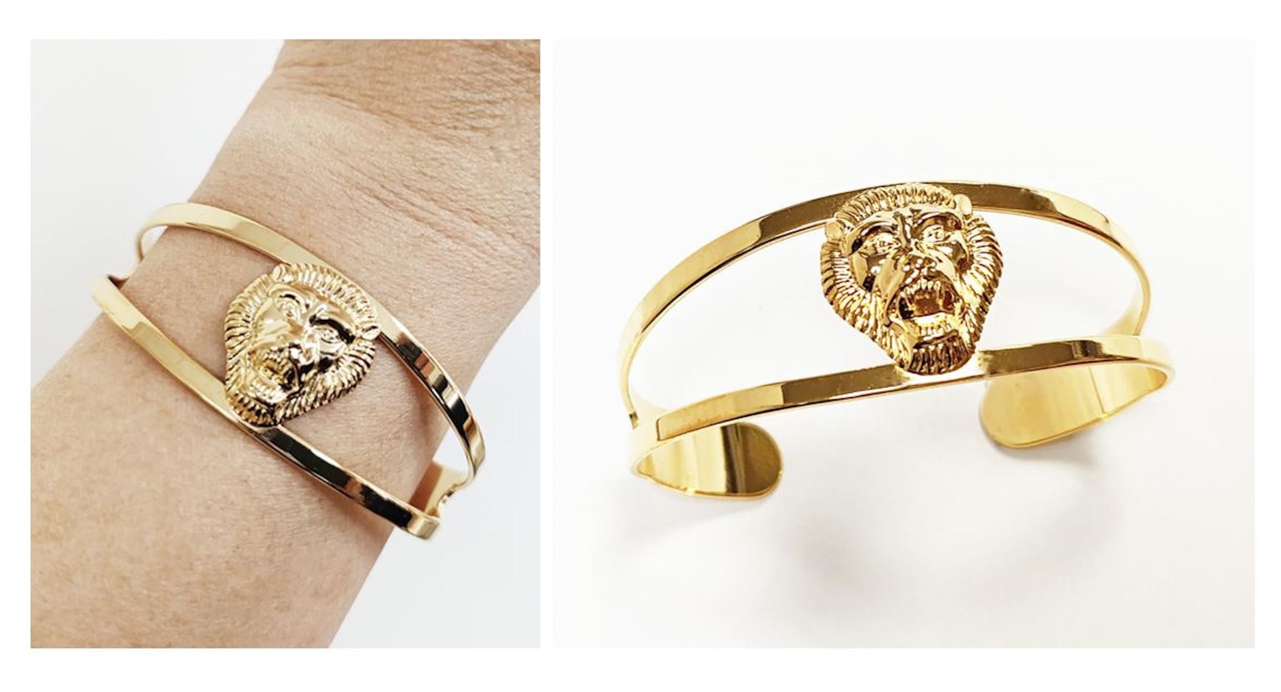 Gold Lion Head Cuff Bracelet • 18K Gold Plated Bangle • Fierce King of the Jungle Powerful Symbol of Power & Strength Jewelry • Women Gift