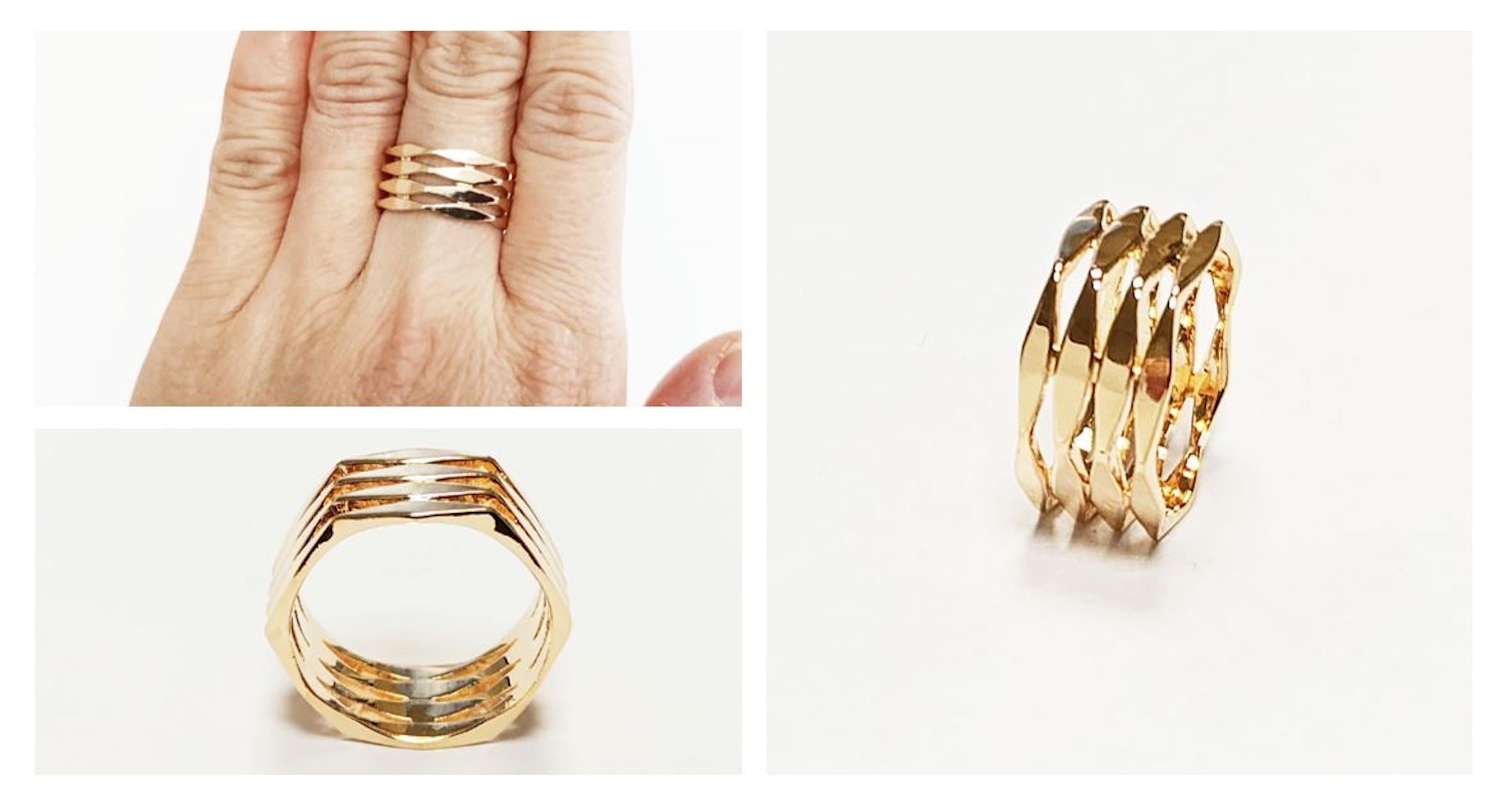 Hexagon Cuff Ring • 18K Gold Plated • Bold Geometric Diamond Faceted Chunky Large Band Ring • Unique Statement Modern Fashion Gift for Women