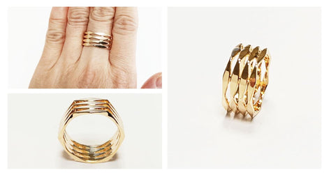 Hexagon Cuff Ring • 18K Gold Plated • Bold Geometric Diamond Faceted Chunky Large Band Ring • Unique Statement Modern Fashion Gift for Women