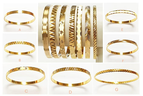 Bangle Bracelet 18K Gold Plated. Closed Round Rigid Cuff Bracelet • Stackable14 Different Models Geometric Textured Stacking Bangles