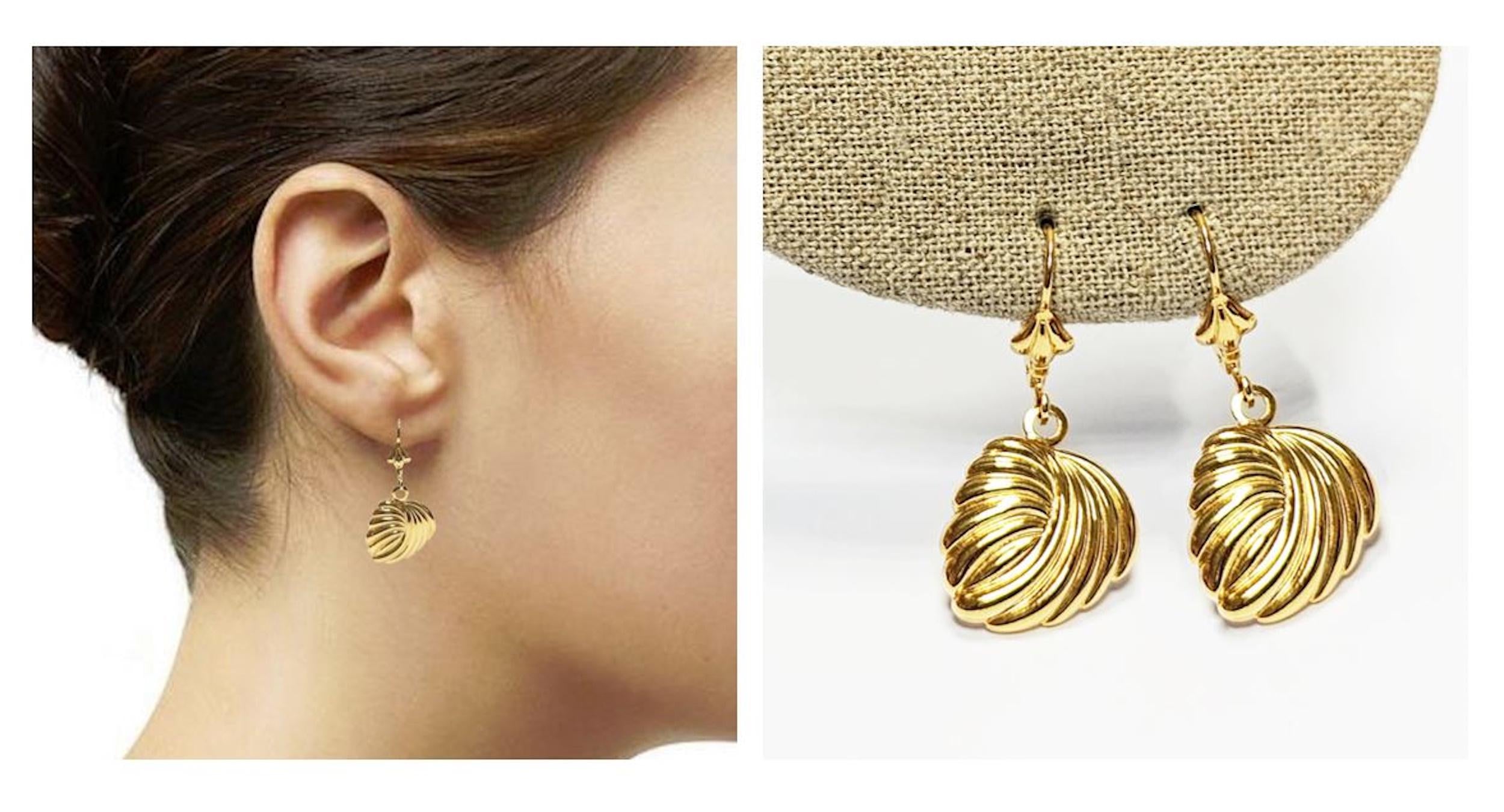 Gold Leaf Dangle Earrings • 18K gold-plated Textured Lever Back • Timeless Jewelry Gift for Her