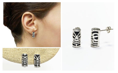 Tiki Earrings • Sterling Silver Tribal Totem Stud Earrings • Exotic Polynesian-Inspired Jewelry with Engraved Details • Gift for Women & Men