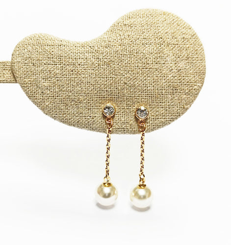 Pearl Drop Earrings • 18K Gold-Plated Chain, Crystal Stud, Shell Pearl, Elegant Wedding & Evening Dangle