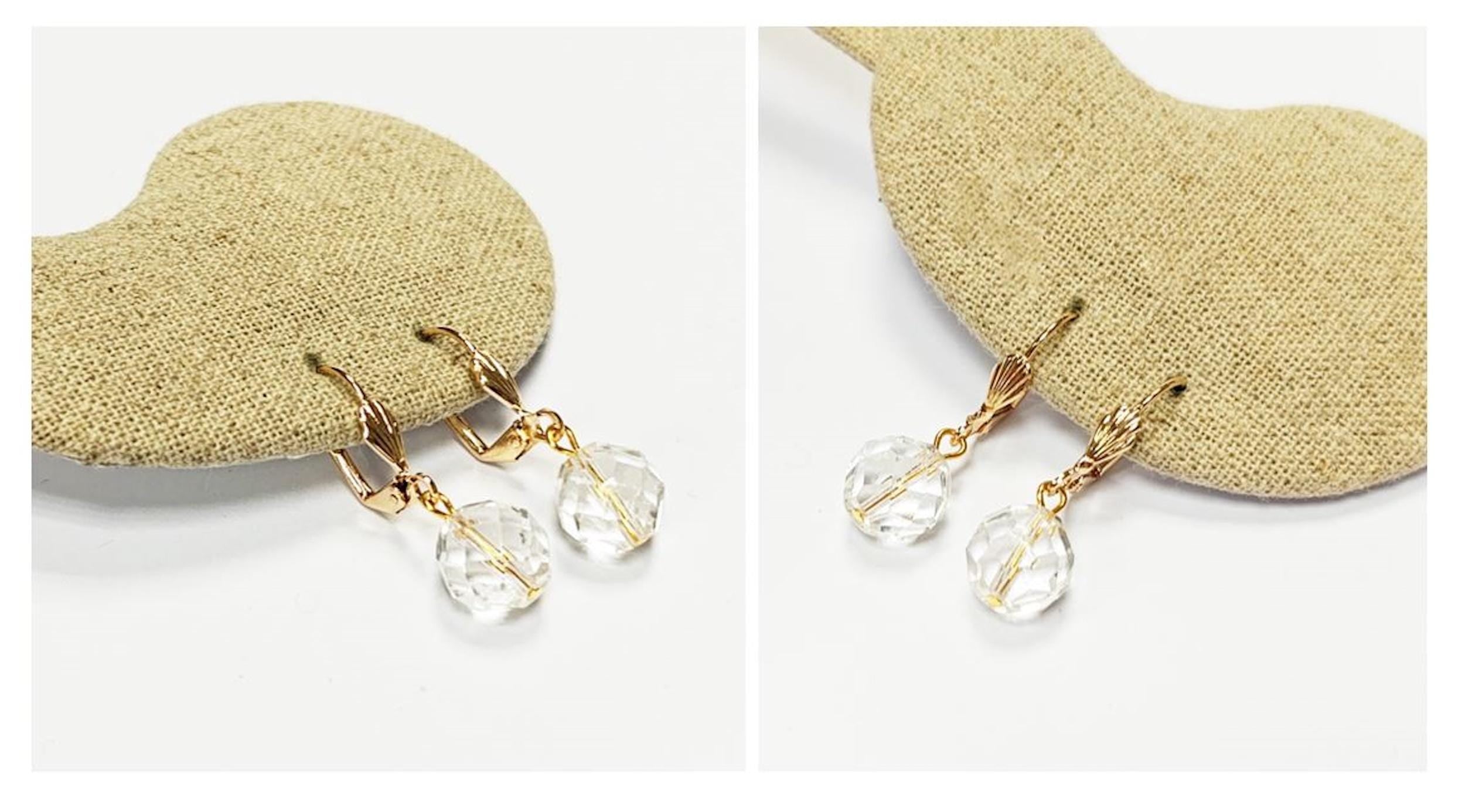 Crystal Balls Earrings • 18K Gold Plated Lever Back Hooks and Dangle Faceted Ball Beads • Minimalist Everyday Jewelry for Women • Bold Gift