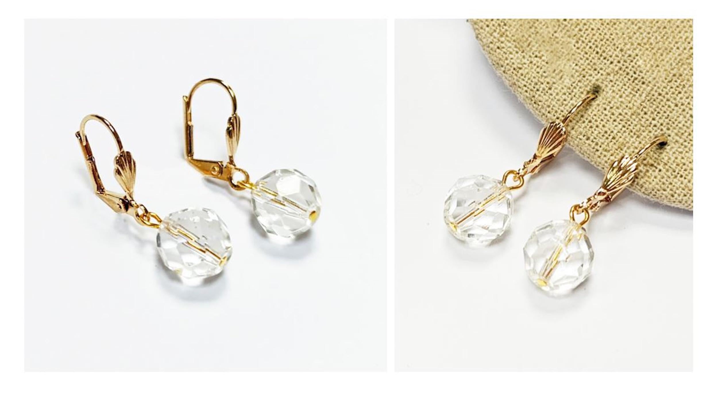 Crystal Balls Earrings • 18K Gold Plated Lever Back Hooks and Dangle Faceted Ball Beads • Minimalist Everyday Jewelry for Women • Bold Gift