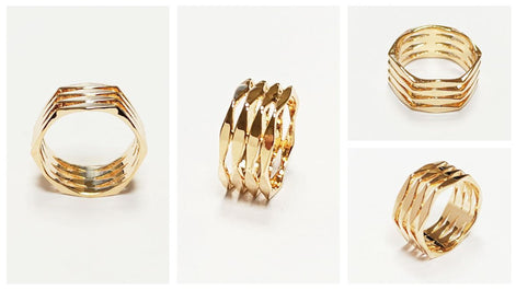 Hexagon Cuff Ring • 18K Gold Plated • Bold Geometric Diamond Faceted Chunky Large Band Ring • Unique Statement Modern Fashion Gift for Women