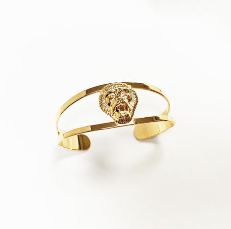 Gold Lion Head Cuff Bracelet • 18K Gold Plated Bangle • Fierce King of the Jungle Powerful Symbol of Power & Strength Jewelry • Women Gift