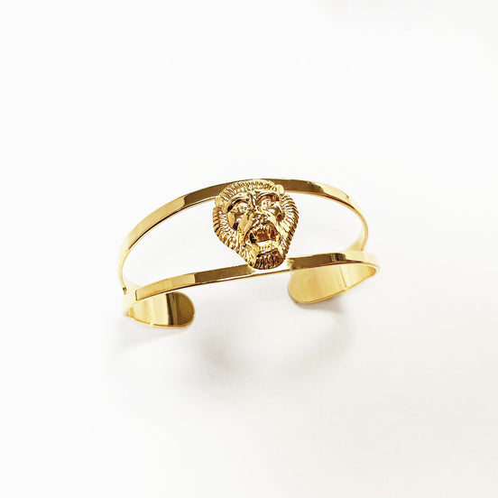 Gold Lion Head Cuff Bracelet • 18K Gold Plated Bangle • Fierce King of the Jungle Powerful Symbol of Power & Strength Jewelry • Women Gift