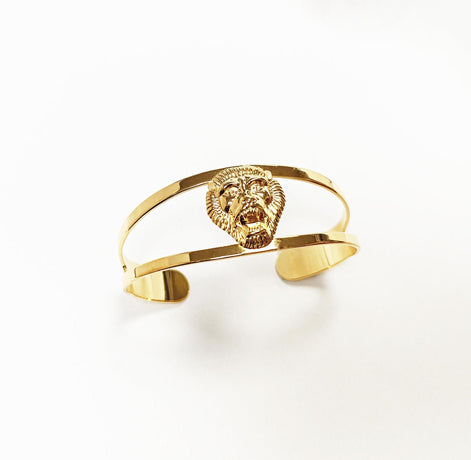 Gold Lion Head Cuff Bracelet • 18K Gold Plated Bangle • Fierce King of the Jungle Powerful Symbol of Power & Strength Jewelry • Women Gift