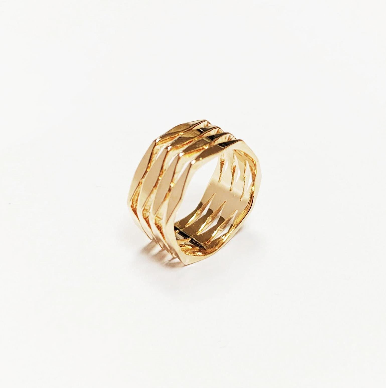 Hexagon Cuff Ring • 18K Gold Plated • Bold Geometric Diamond Faceted Chunky Large Band Ring • Unique Statement Modern Fashion Gift for Women