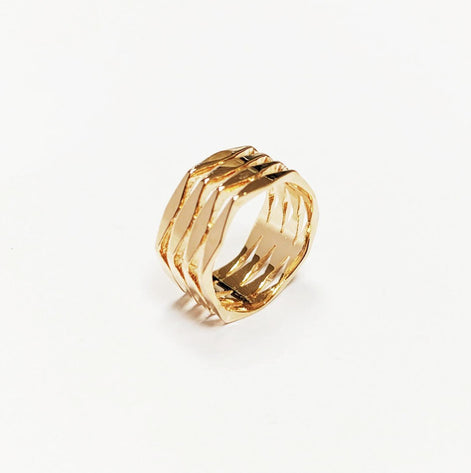 Hexagon Cuff Ring • 18K Gold Plated • Bold Geometric Diamond Faceted Chunky Large Band Ring • Unique Statement Modern Fashion Gift for Women
