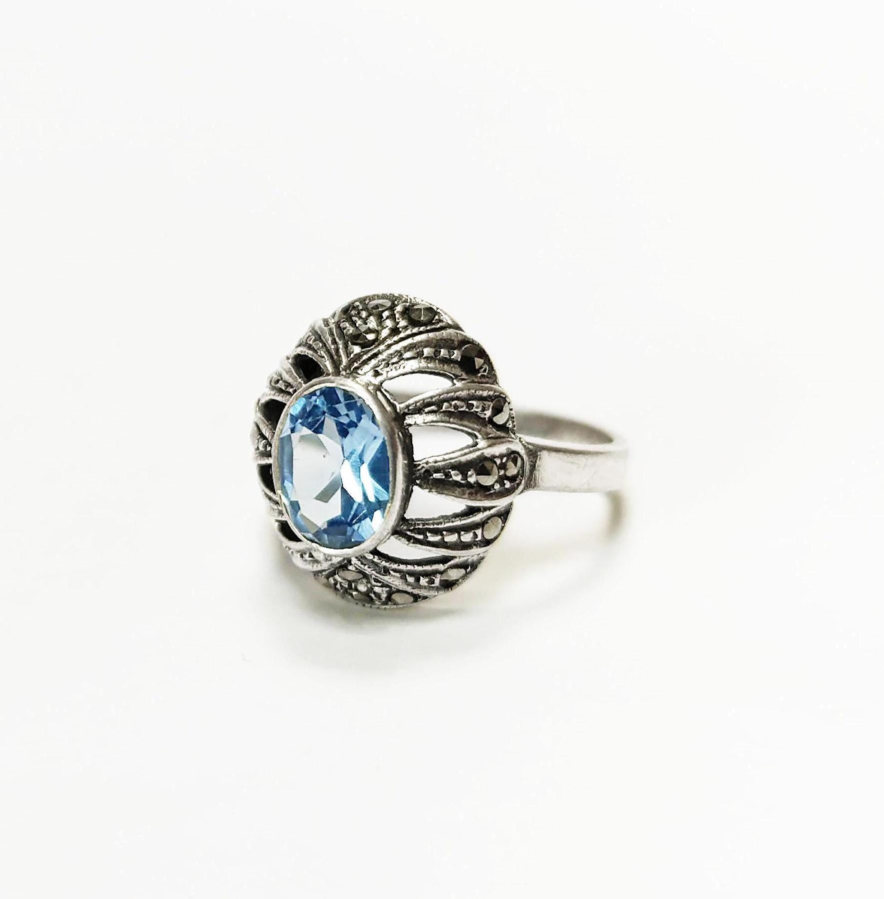 Art Deco Blue Topaz Ring • Sterling Silver • Marcasite & Lab Blue Oval Cz Stone • Vintage Retro Antique Inspired jewelry • Gift for Her