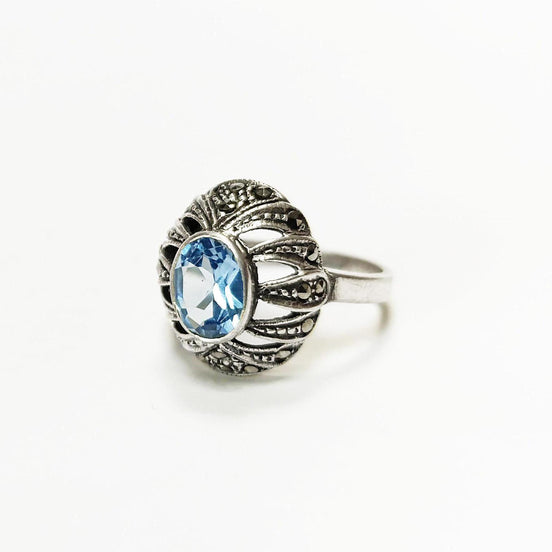 Art Deco Blue Topaz Ring • Sterling Silver • Marcasite & Lab Blue Oval Cz Stone • Vintage Retro Antique Inspired jewelry • Gift for Her