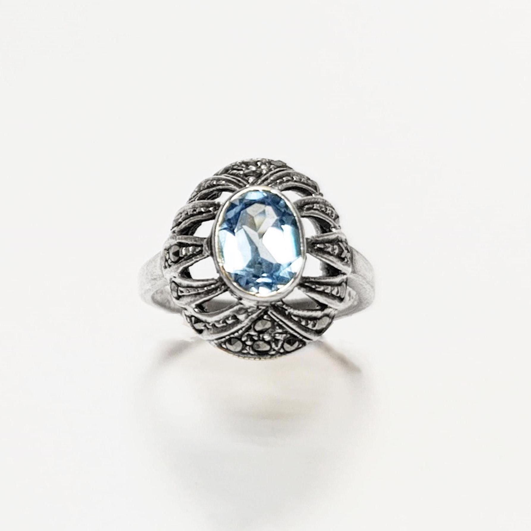 Art Deco Blue Topaz Ring • Sterling Silver • Marcasite & Lab Blue Oval Cz Stone • Vintage Retro Antique Inspired jewelry • Gift for Her