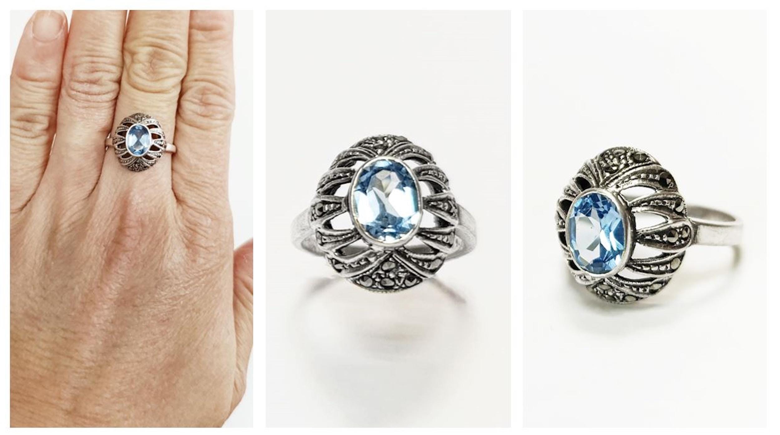 Art Deco Blue Topaz Ring • Sterling Silver • Marcasite & Lab Blue Oval Cz Stone • Vintage Retro Antique Inspired jewelry • Gift for Her