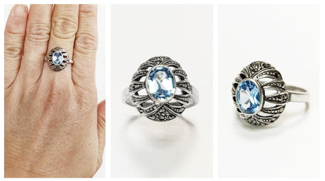 Art Deco Blue Topaz Ring • Sterling Silver • Marcasite & Lab Blue Oval Cz Stone • Vintage Retro Antique Inspired jewelry • Gift for Her