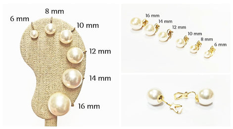Pearl Discreet CLIP ON Earrings • 18K Gold Plated • Classic Diameter 6 to 16mm White Shell Pearls Non-Pierced Ears • for Wedding or Everyday