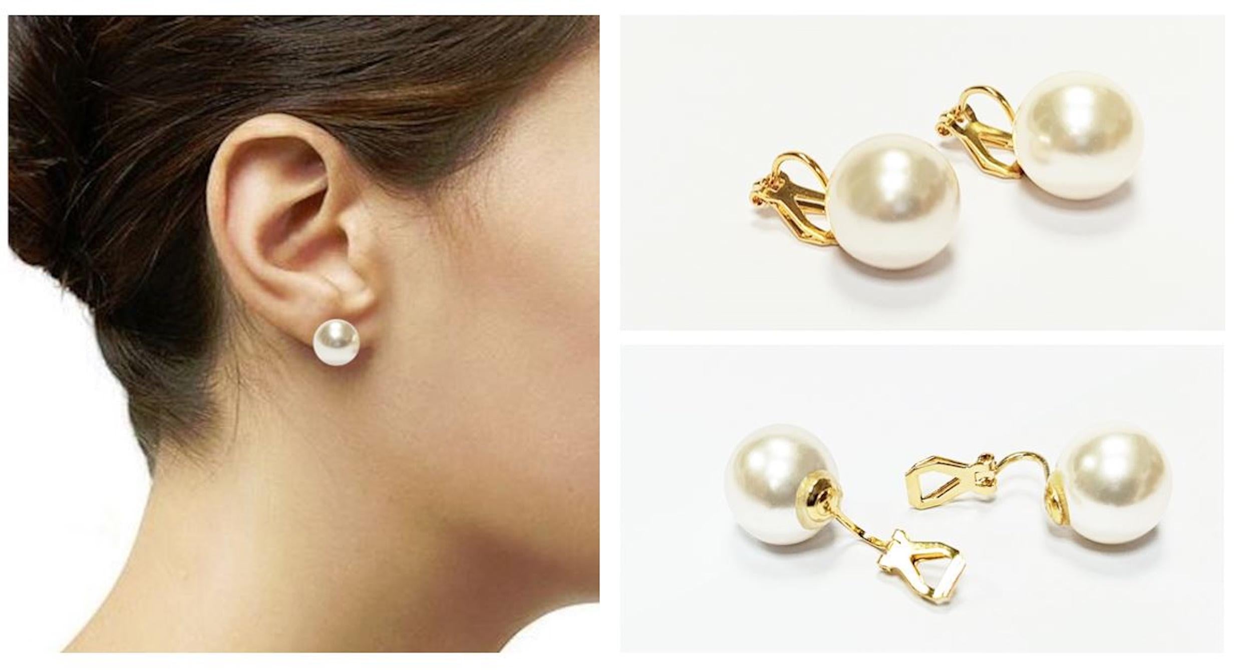 Pearl Discreet CLIP ON Earrings • 18K Gold Plated • Classic Diameter 6 to 16mm White Shell Pearls Non-Pierced Ears • for Wedding or Everyday