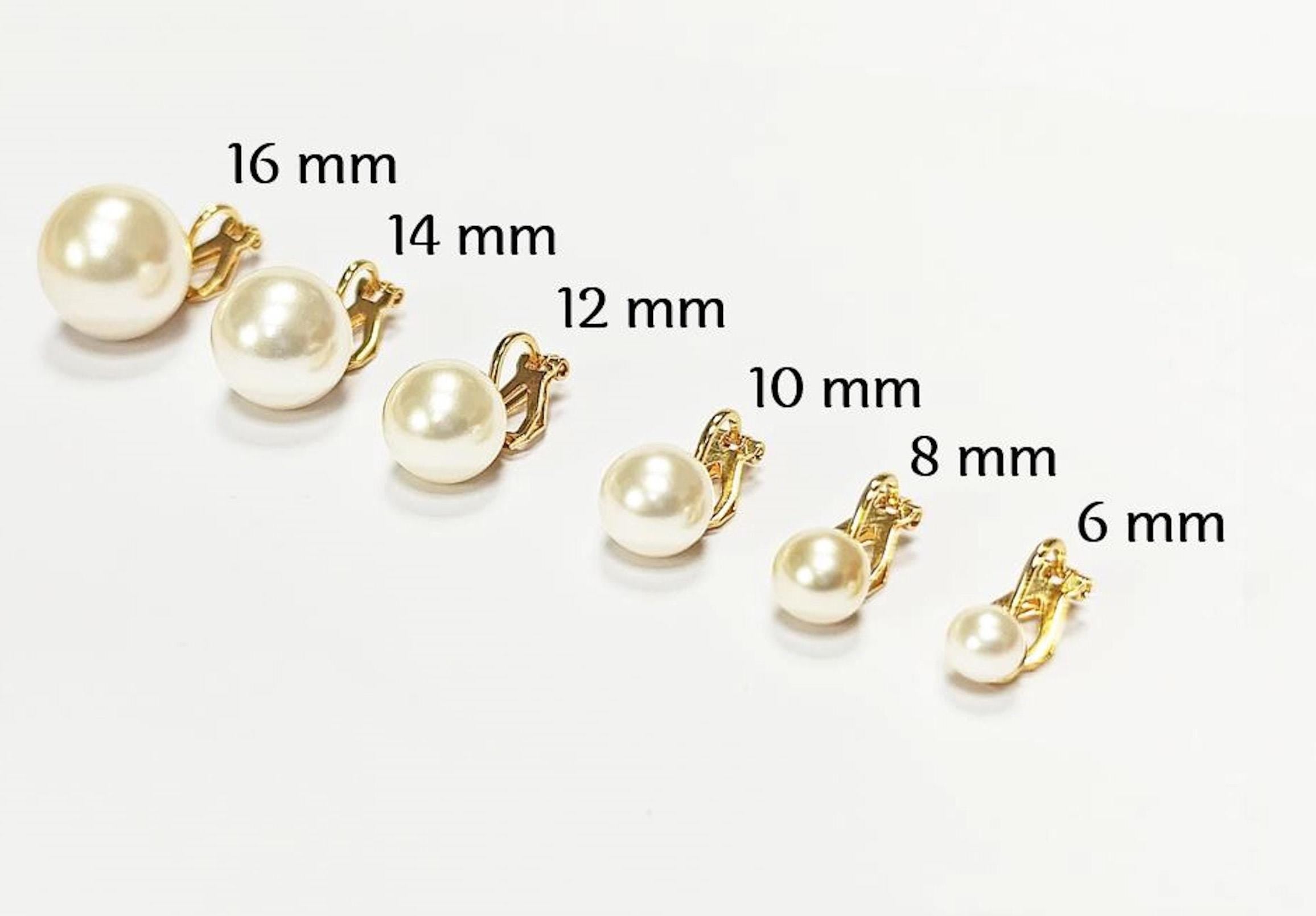 Pearl Discreet CLIP ON Earrings • 18K Gold Plated • Classic Diameter 6 to 16mm White Shell Pearls Non-Pierced Ears • for Wedding or Everyday