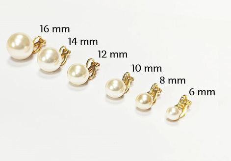 Pearl Discreet CLIP ON Earrings • 18K Gold Plated • Classic Diameter 6 to 16mm White Shell Pearls Non-Pierced Ears • for Wedding or Everyday