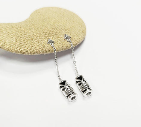 Drop Tiki Earrings 925• Sterling Silver Tribal Totem Dangle Earrings • Exotic Polynesian-Inspired Engraved Theme Jewelry • For Women & Men